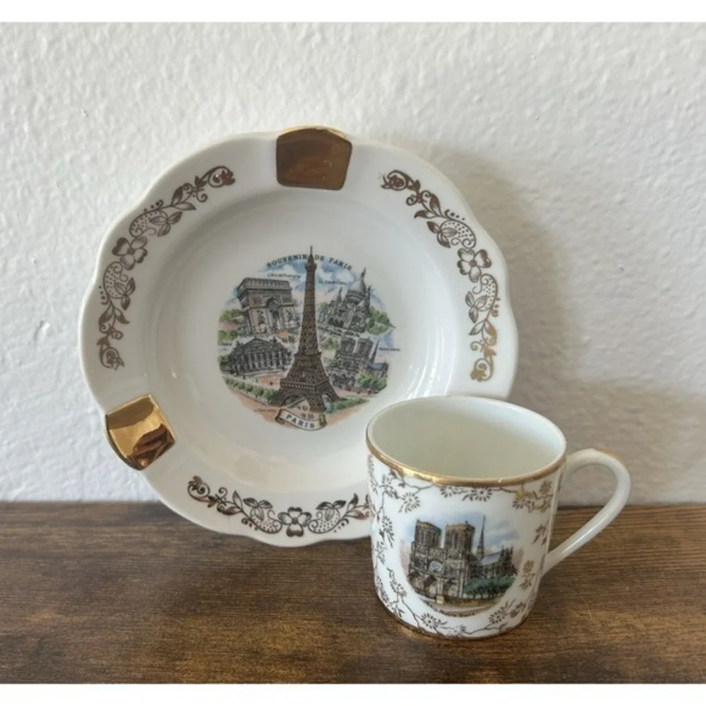 2-PC Vintage Limoges‎ France Souvenir De Paris Porcelain Espresso Cup & Ashtray